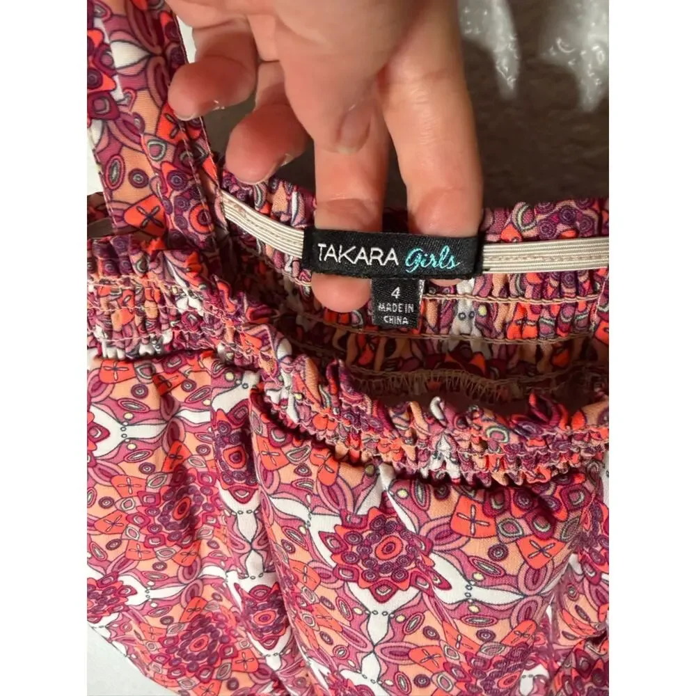 Tamara Girls Girls Red Mosaic Print Romper with Lace Trim size 4
